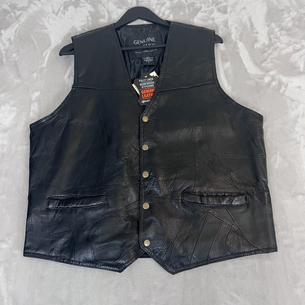 Giovanni Navarre Leather Vest Mens Large Black Snap Front Biker Western Ranch